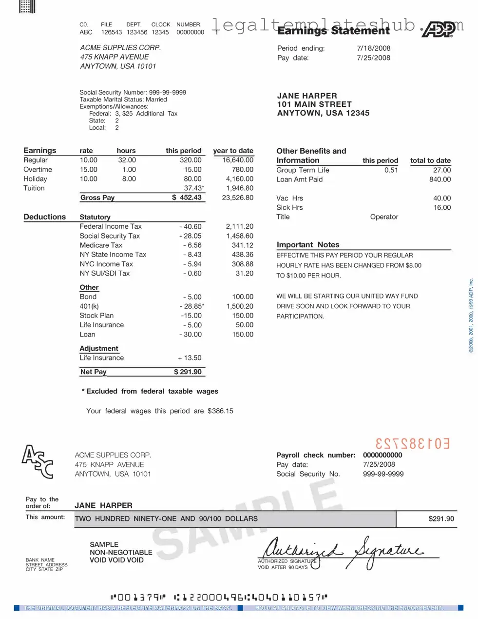 Blank Adp Pay Stub PDF Form