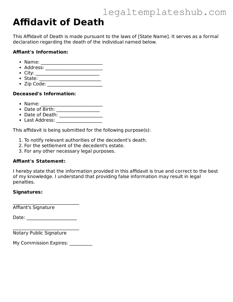 Printable Affidavit of Death Template