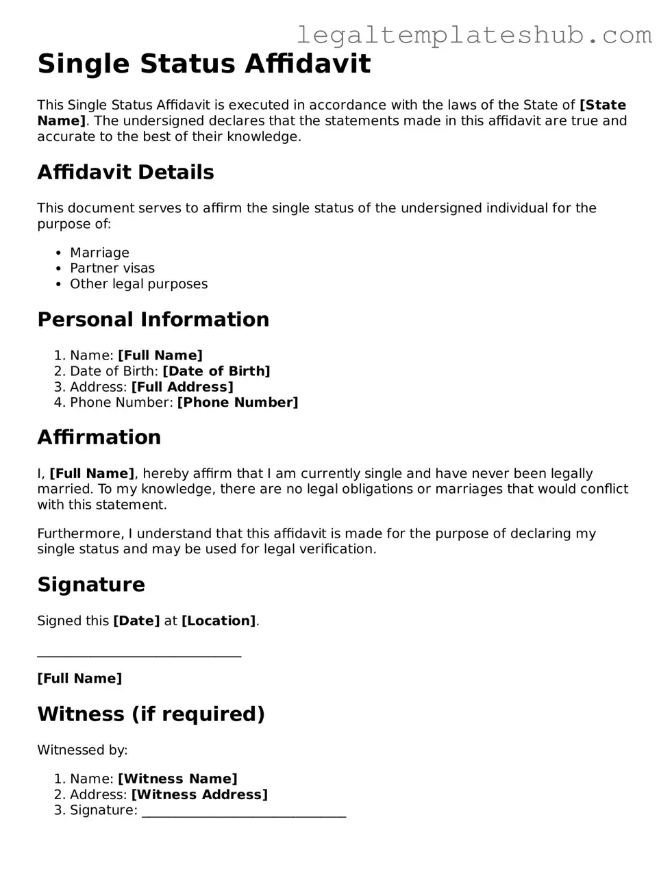 Printable Single Status Affidavit Template