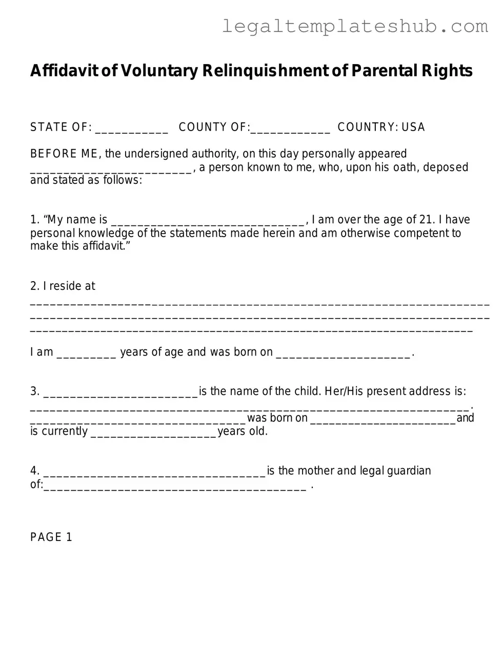 Blank Affidavit Parental Rights PDF Form