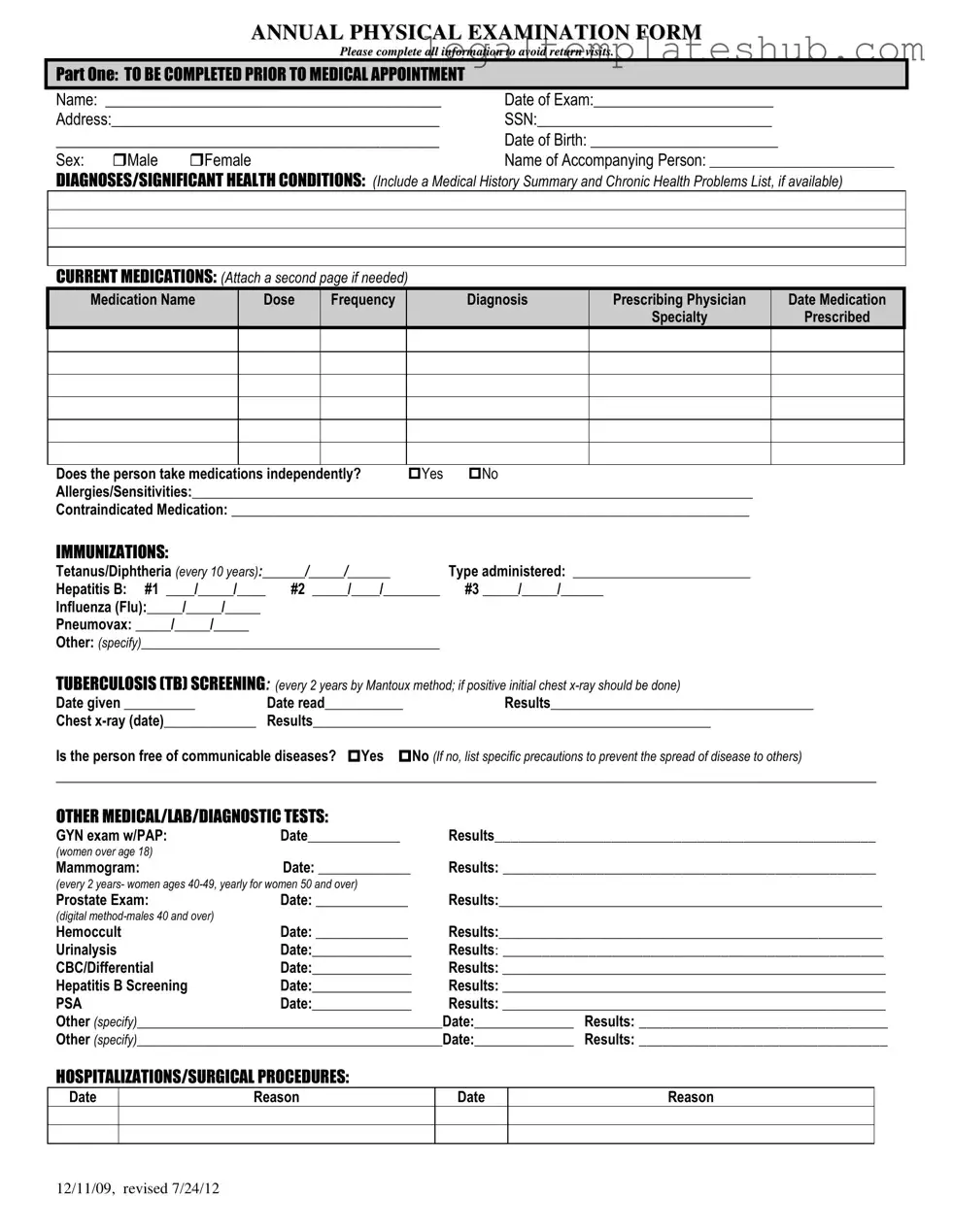 Blank Annual Physical Examination PDF Form