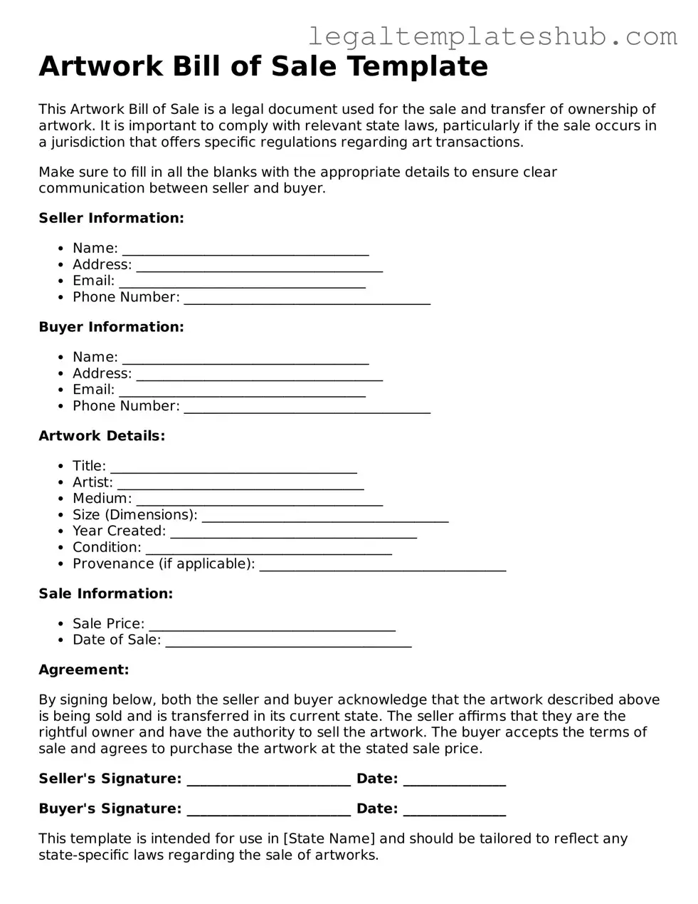 Printable Artwork Bill of Sale Template