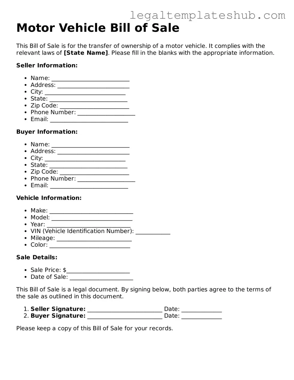 Printable Motor Vehicle Bill of Sale Template