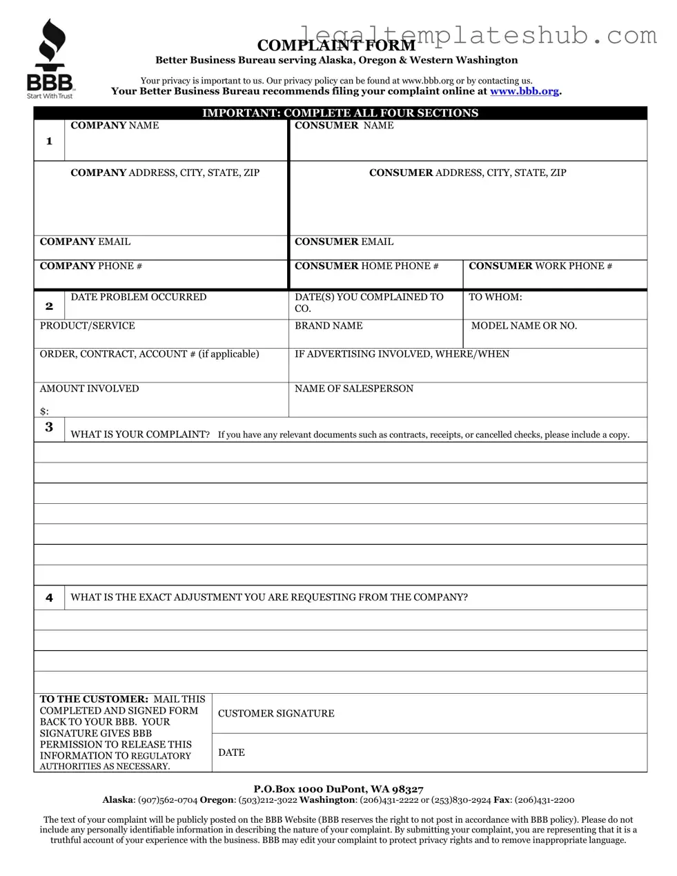 Blank Bbb Complaint PDF Form