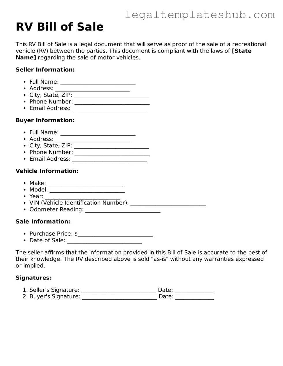 Printable RV Bill of Sale Template