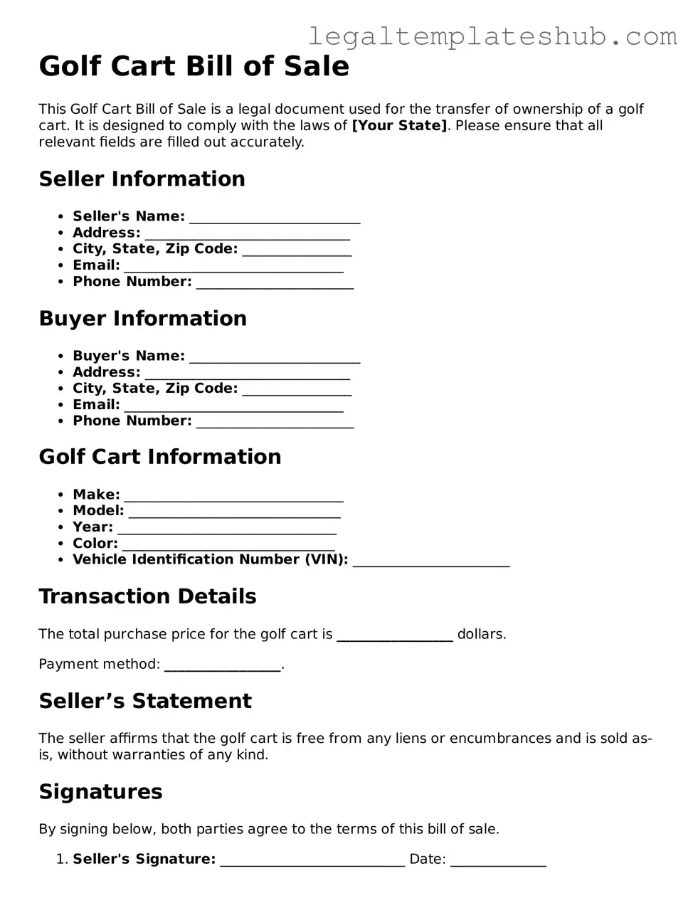 Printable Golf Cart Bill of Sale Template