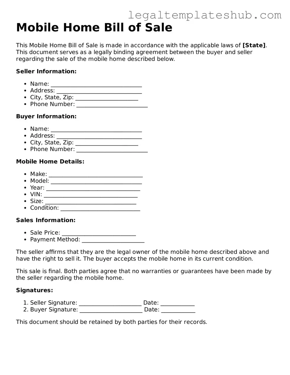 Printable Mobile Home Bill of Sale Template