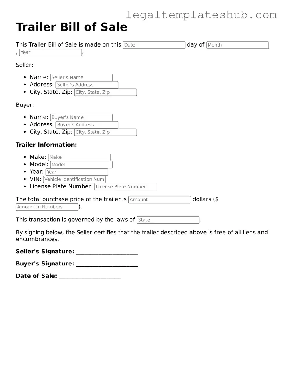 Printable Trailer Bill of Sale Template