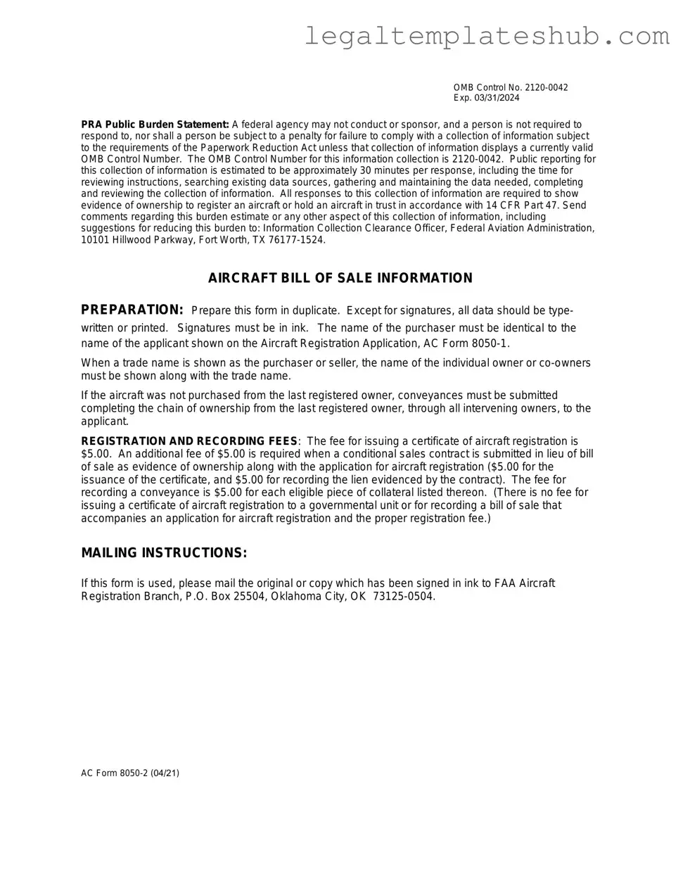Blank Aircraft Bill of Sale AC 8050-2 PDF Form