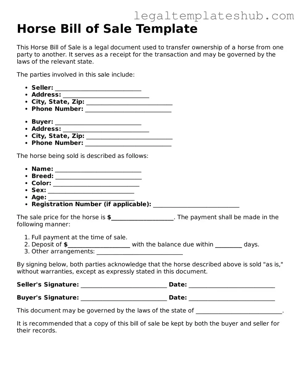 Printable Horse Bill of Sale Template