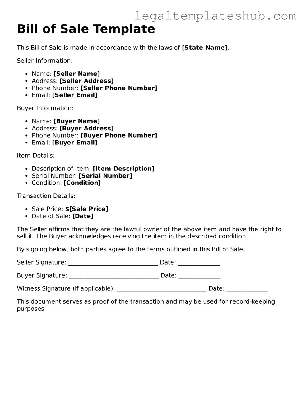 Printable Bill of Sale Template