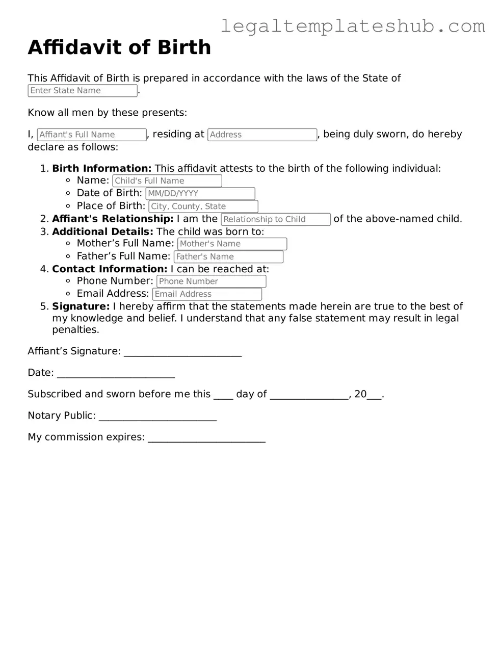 Printable Affidavit of Birth Template