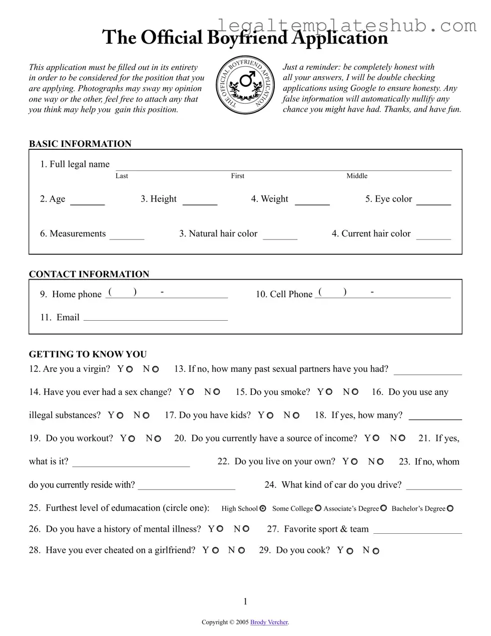 Blank Boyfriend application form PDF Form