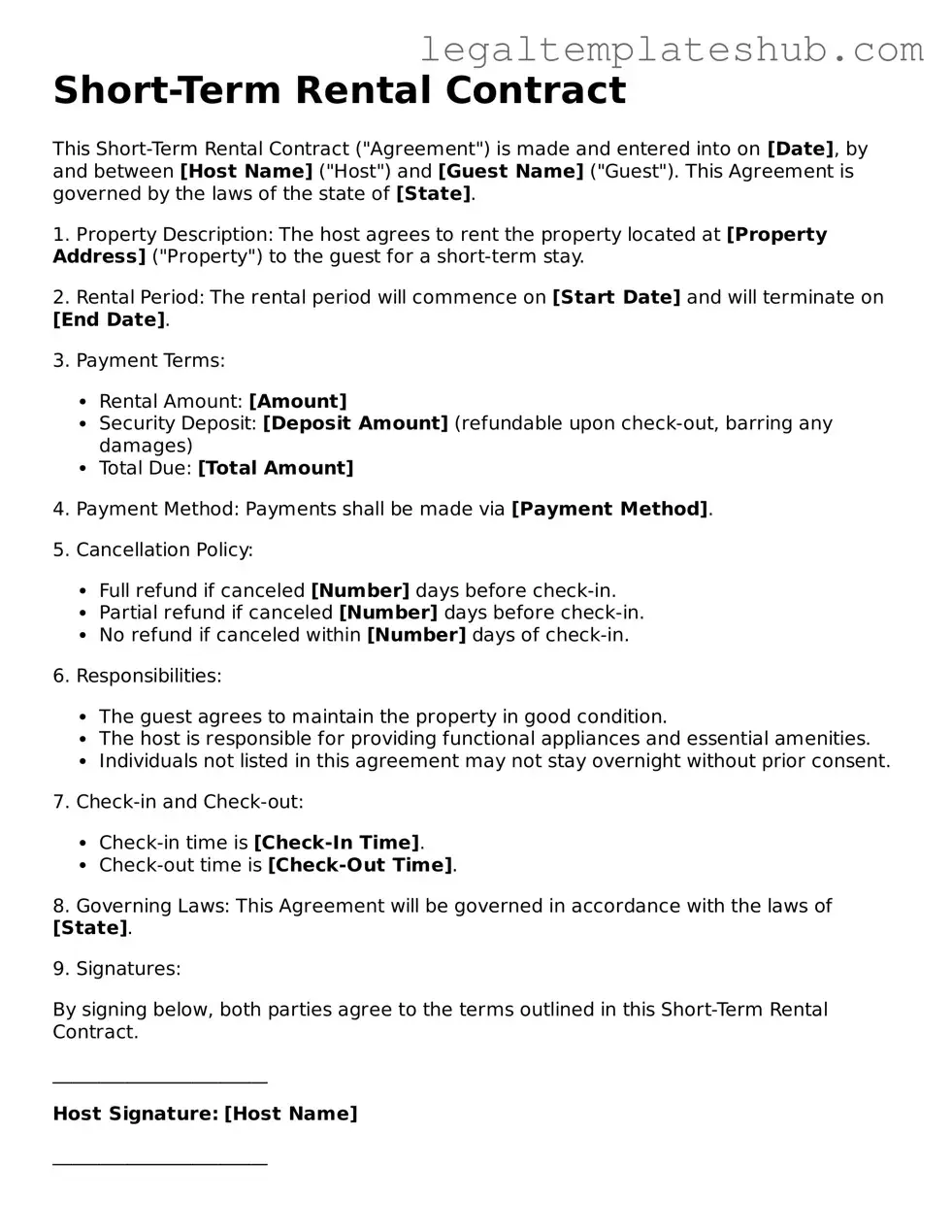 Printable Short-Term Rental Contract Template