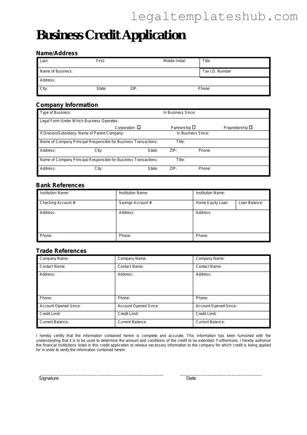 Blank Business Credit Application PDF Form