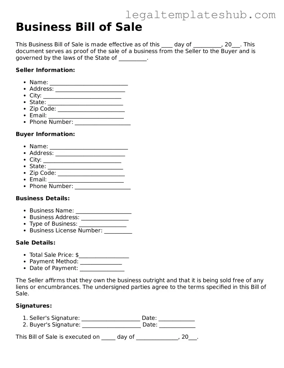 Printable Business Bill of Sale Template