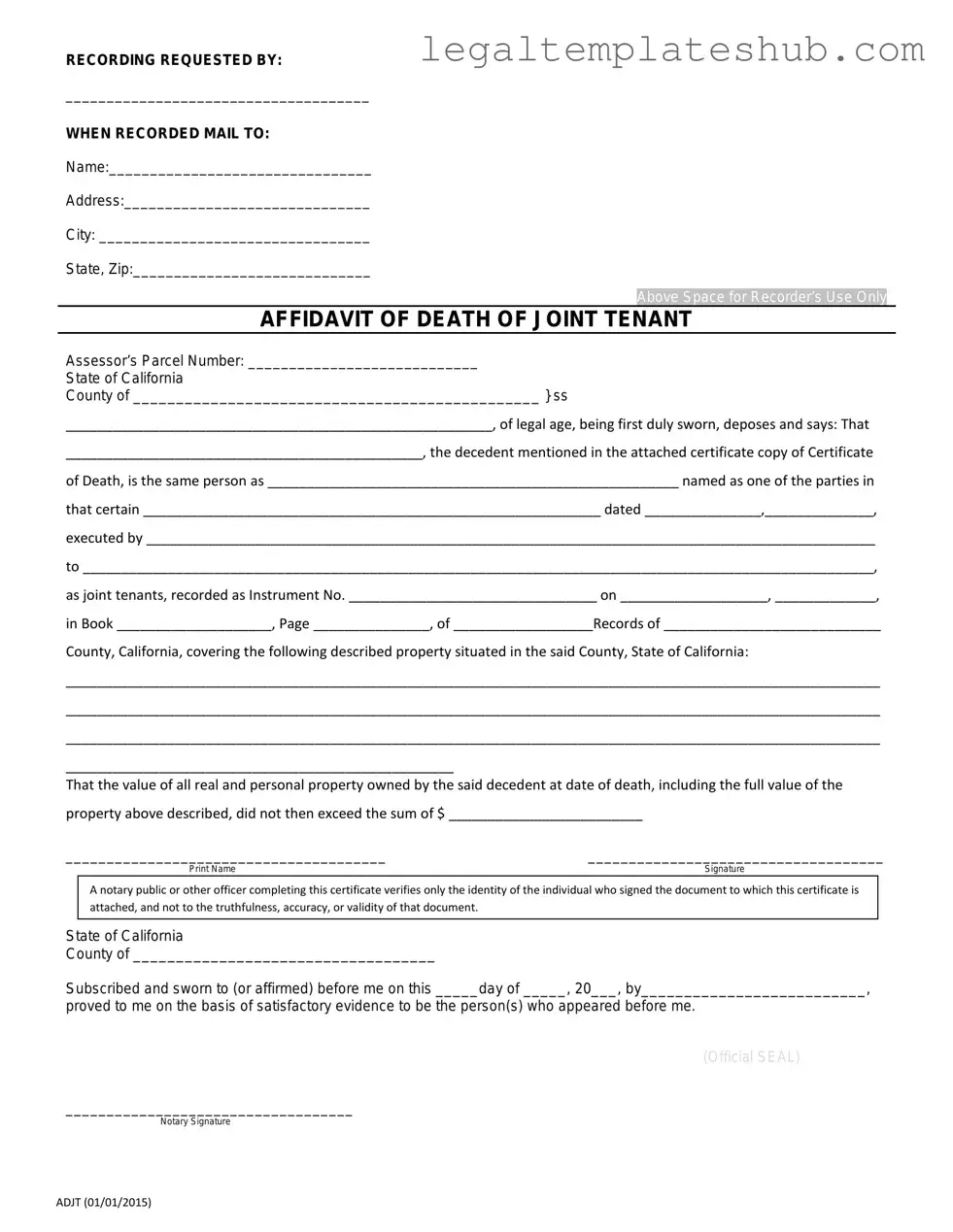 Blank California Death of a Joint Tenant Affidavit PDF Form