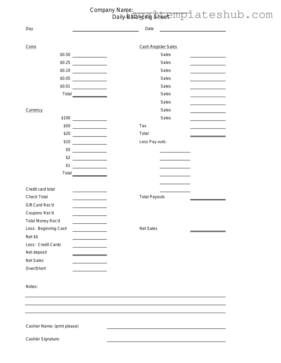 Blank Cash Drawer Count Sheet PDF Form