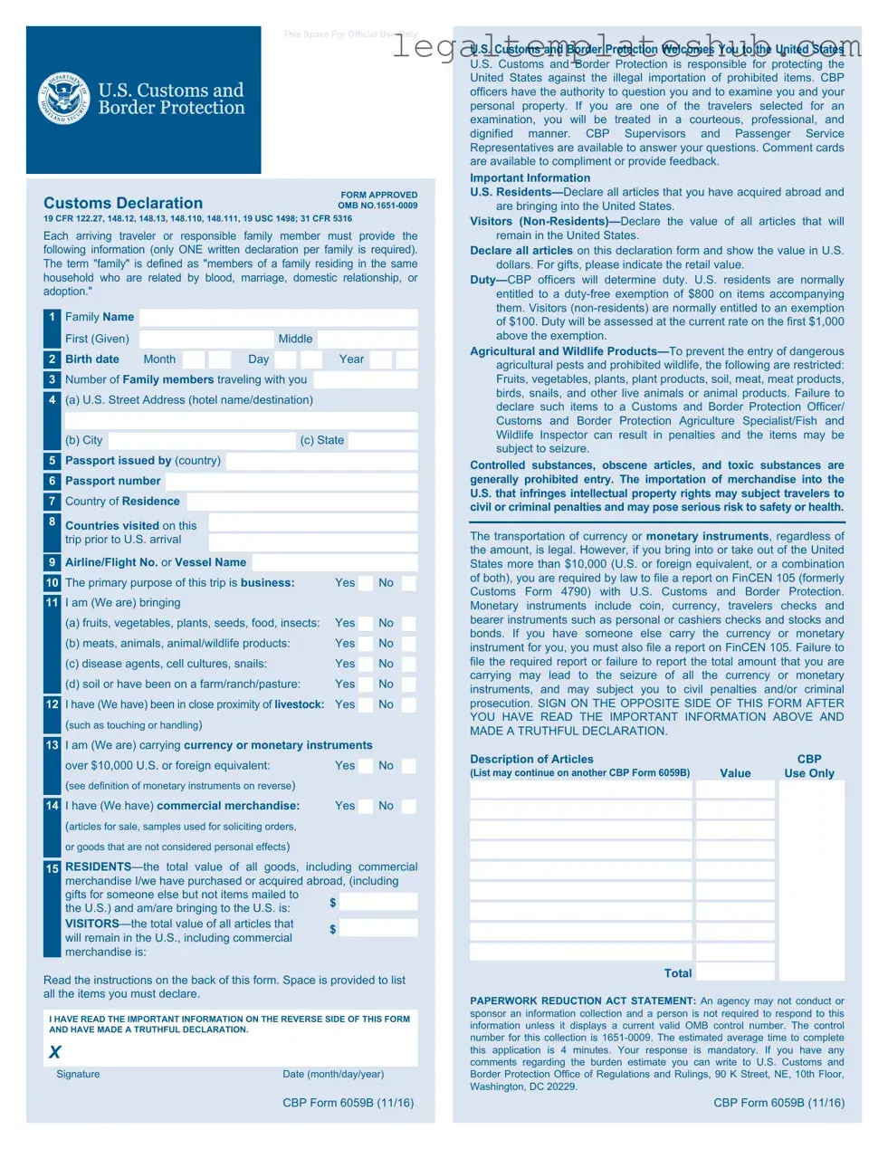 Blank CBP 6059B PDF Form