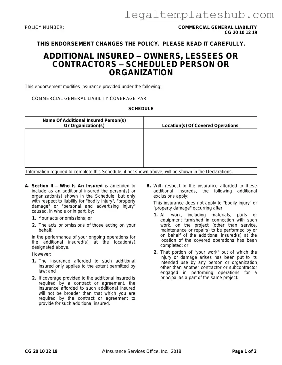 Blank Cg 20 10 07 04 Liability Endorsement PDF Form