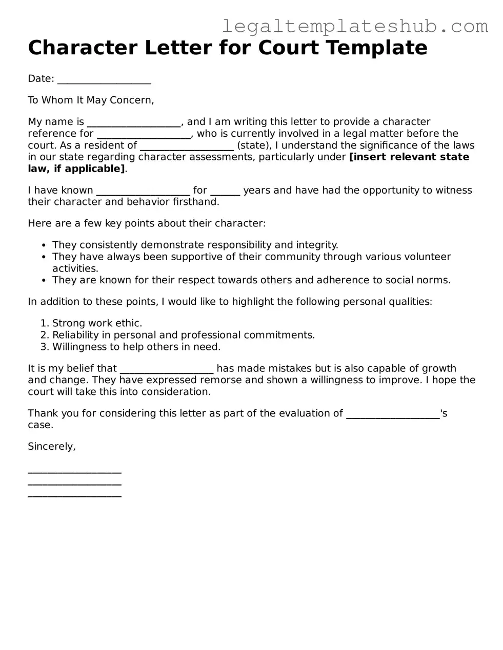 Printable Character Letter for Court Template