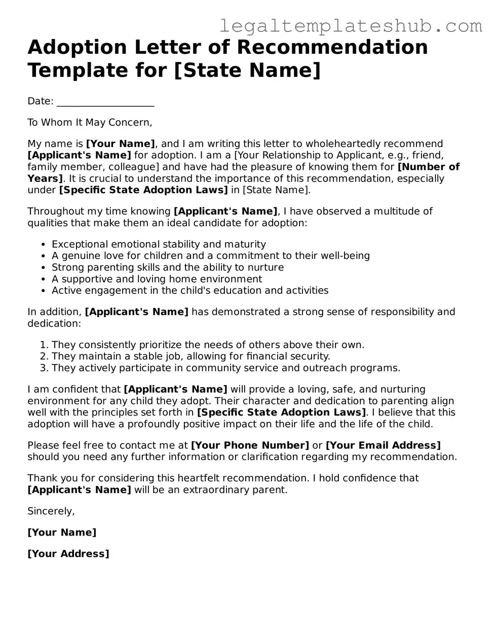 Printable Adoption Letter of Recommendation Template