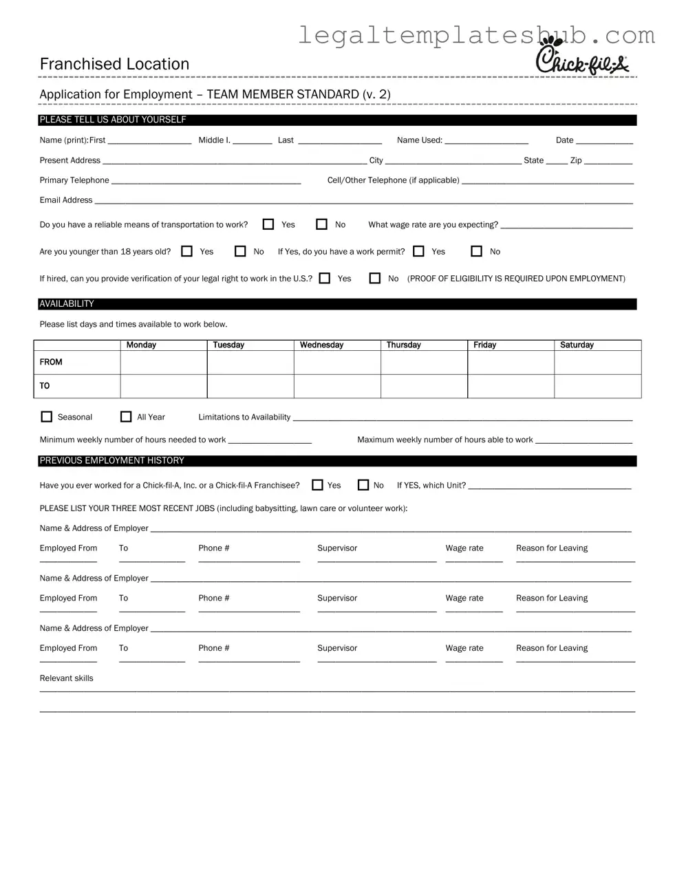 Blank Chick Fil A Job Application PDF Form