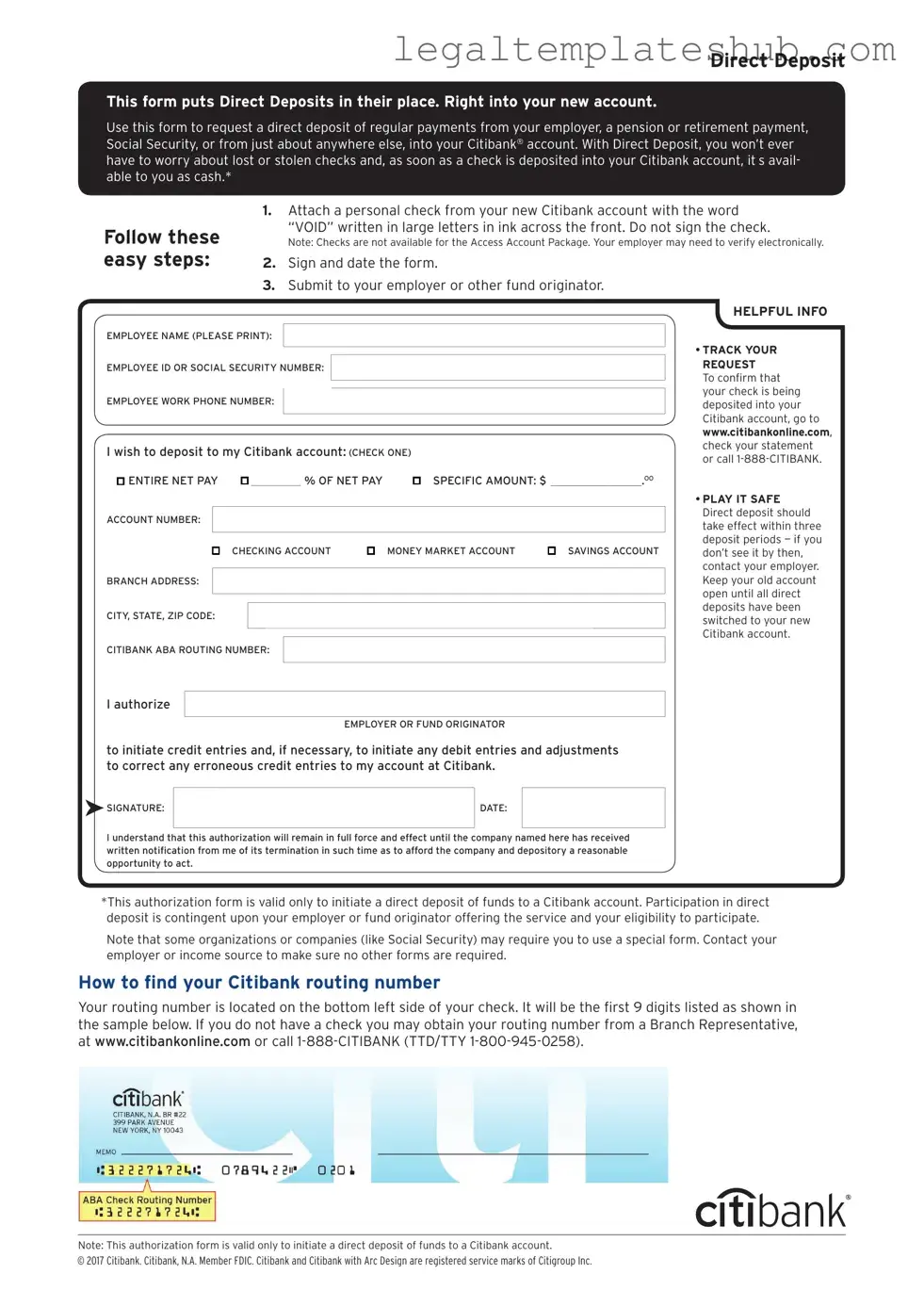 Blank Citibank Direct Deposit PDF Form