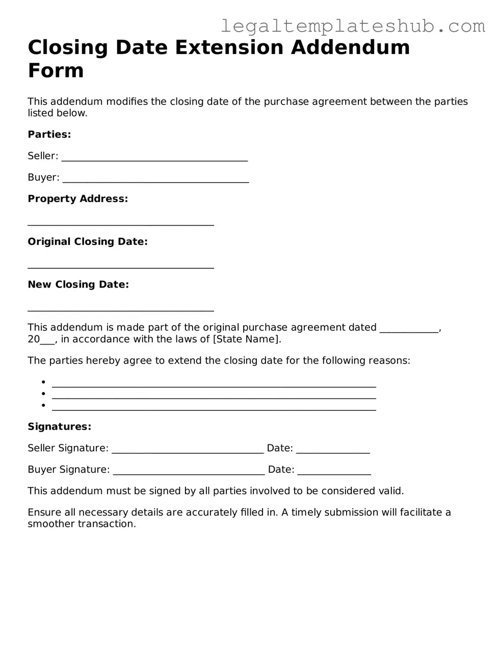 Printable Closing Date Extension Addendum Form Template