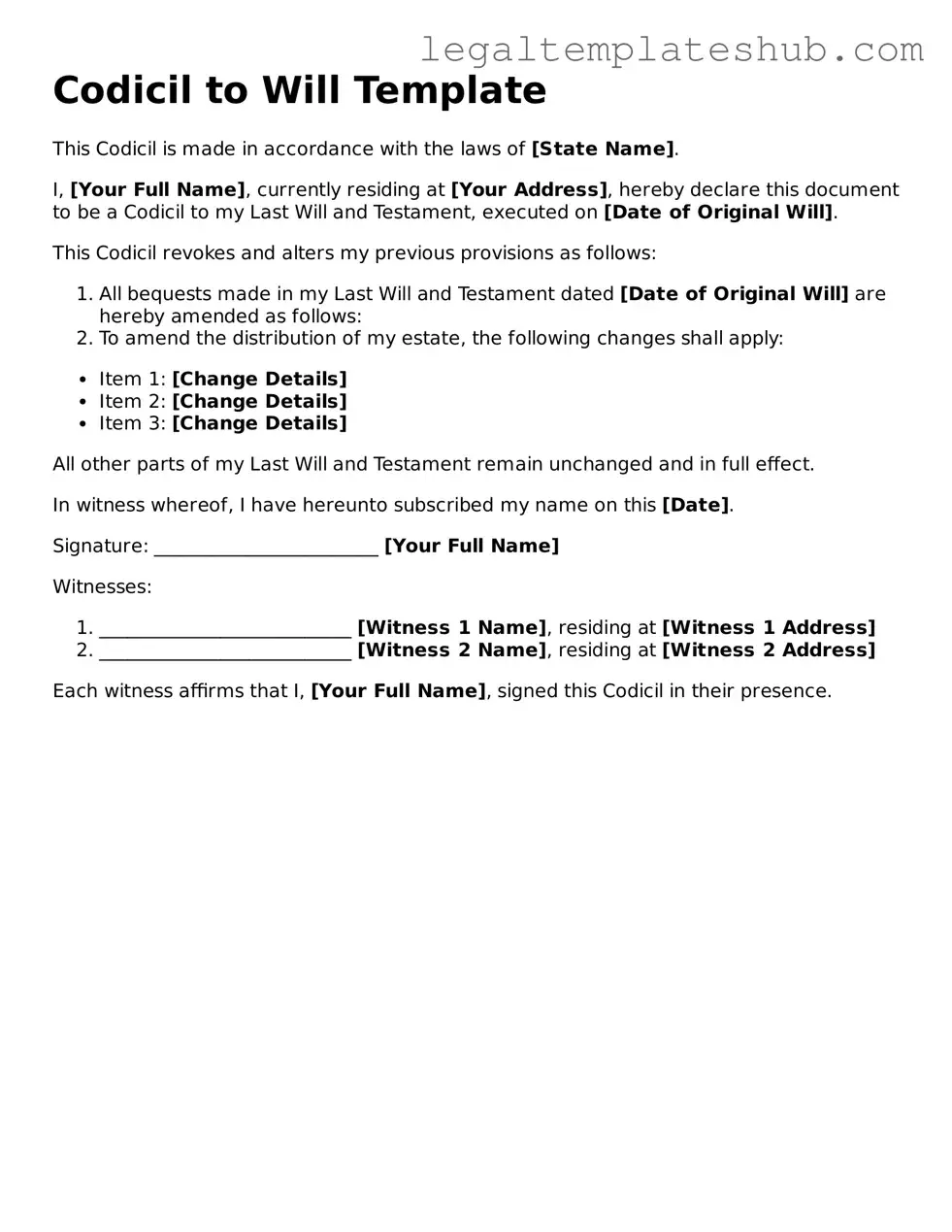 Printable Codicil to Will Template