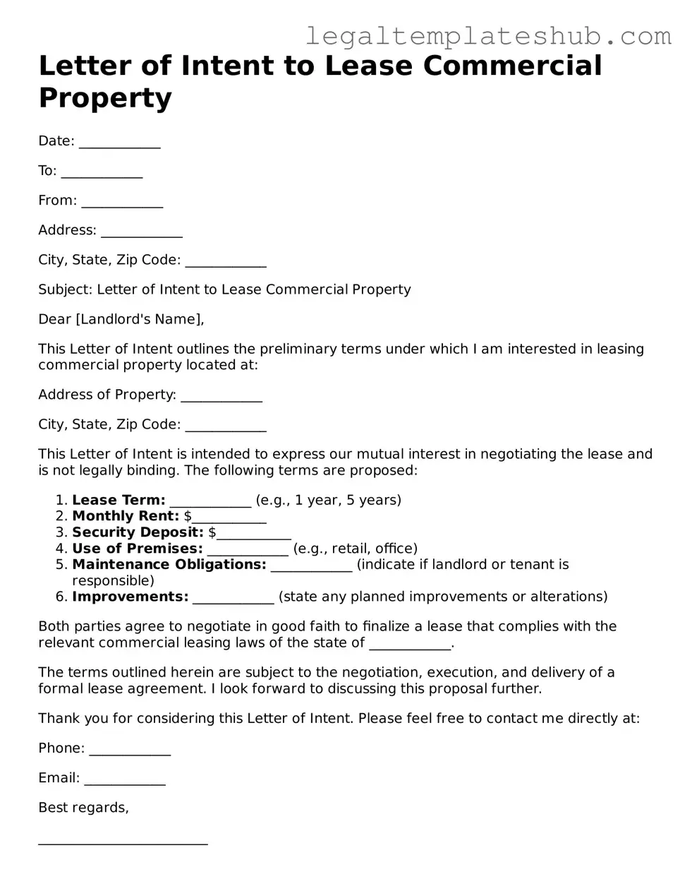 Printable Letter of Intent to Lease Commercial Property Template