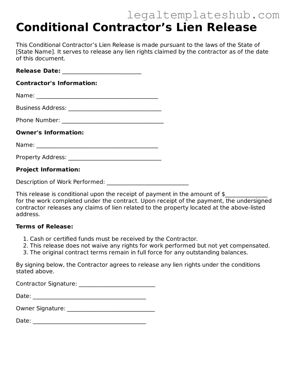 Printable Conditional Contractor’s Lien Release Template