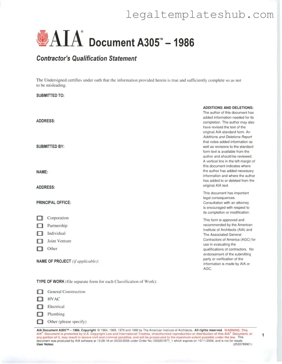 Blank AIA A305 PDF Form