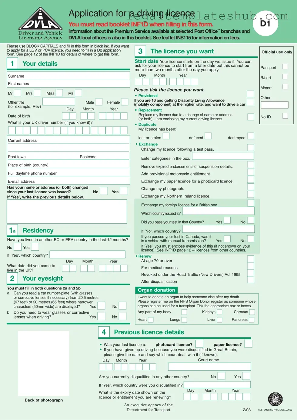 Blank D1 Dvla PDF Form