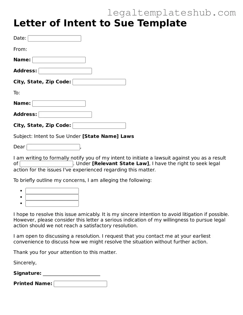 Printable Letter of Intent to Sue Template