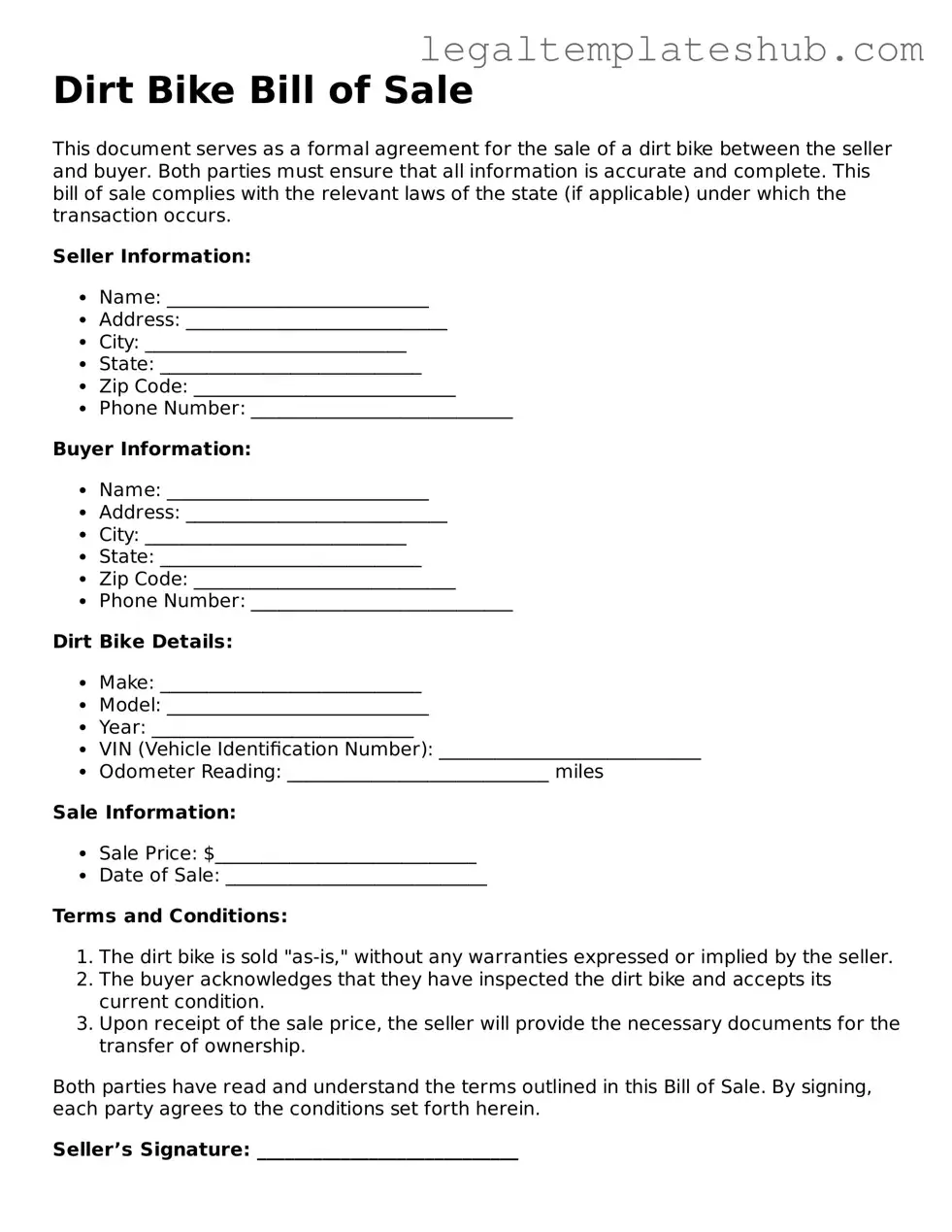 Printable Dirt Bike Bill of Sale Template