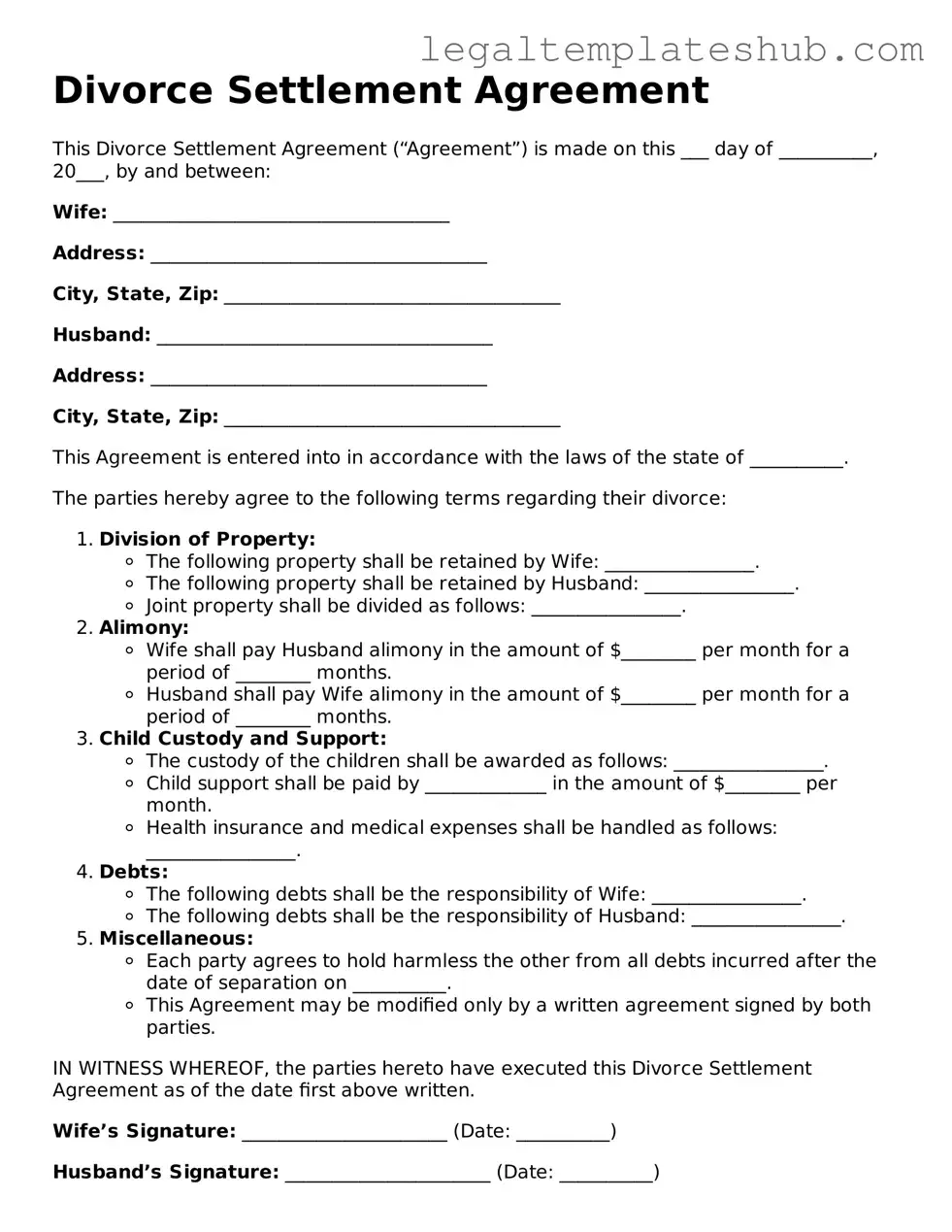 Printable Divorce Settlement Agreement Template