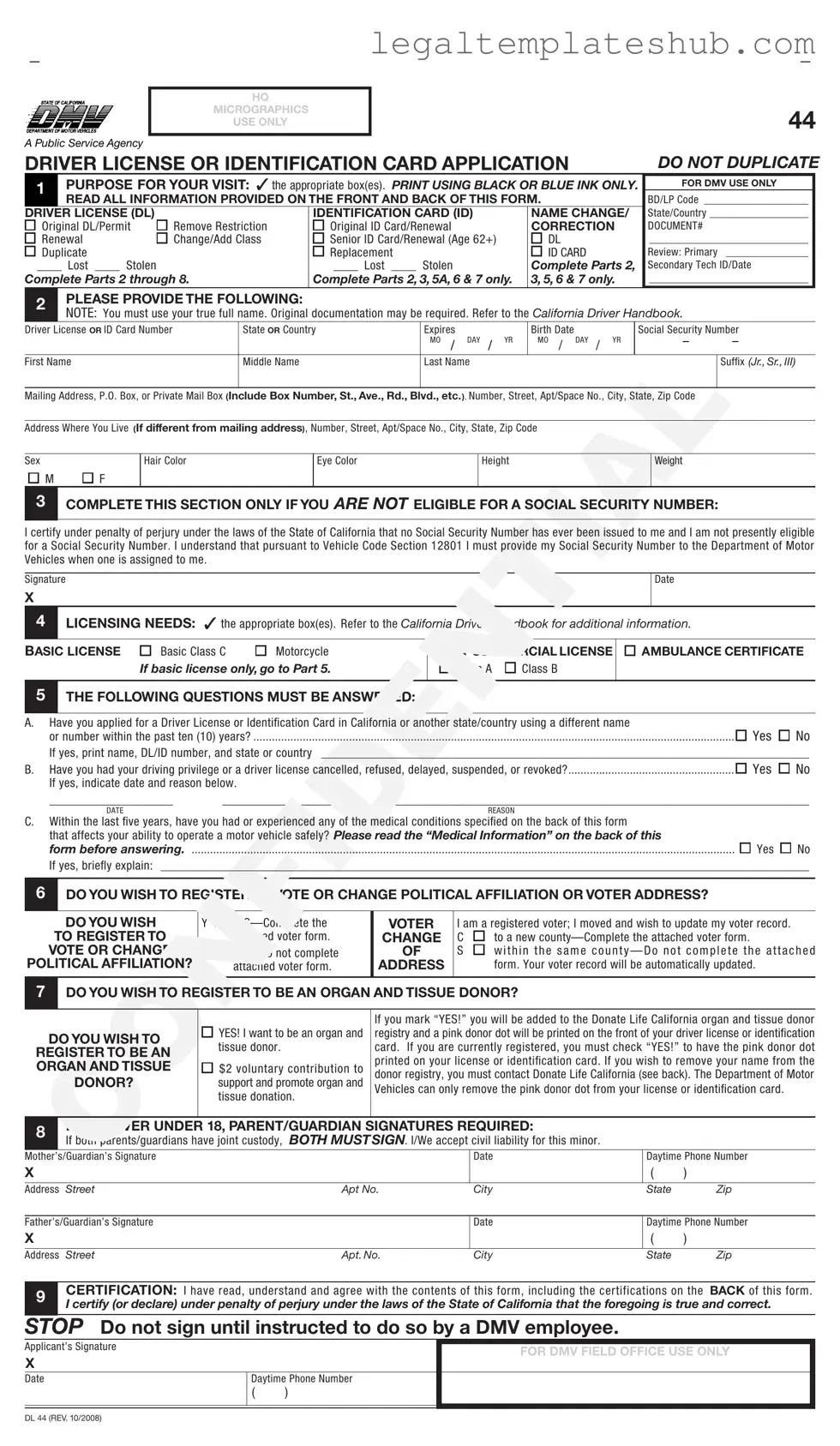 Blank Ca Dmv Dl 44 PDF Form