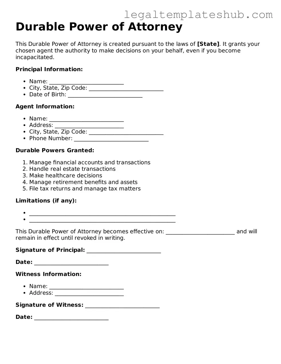 Printable Durable Power of Attorney Template