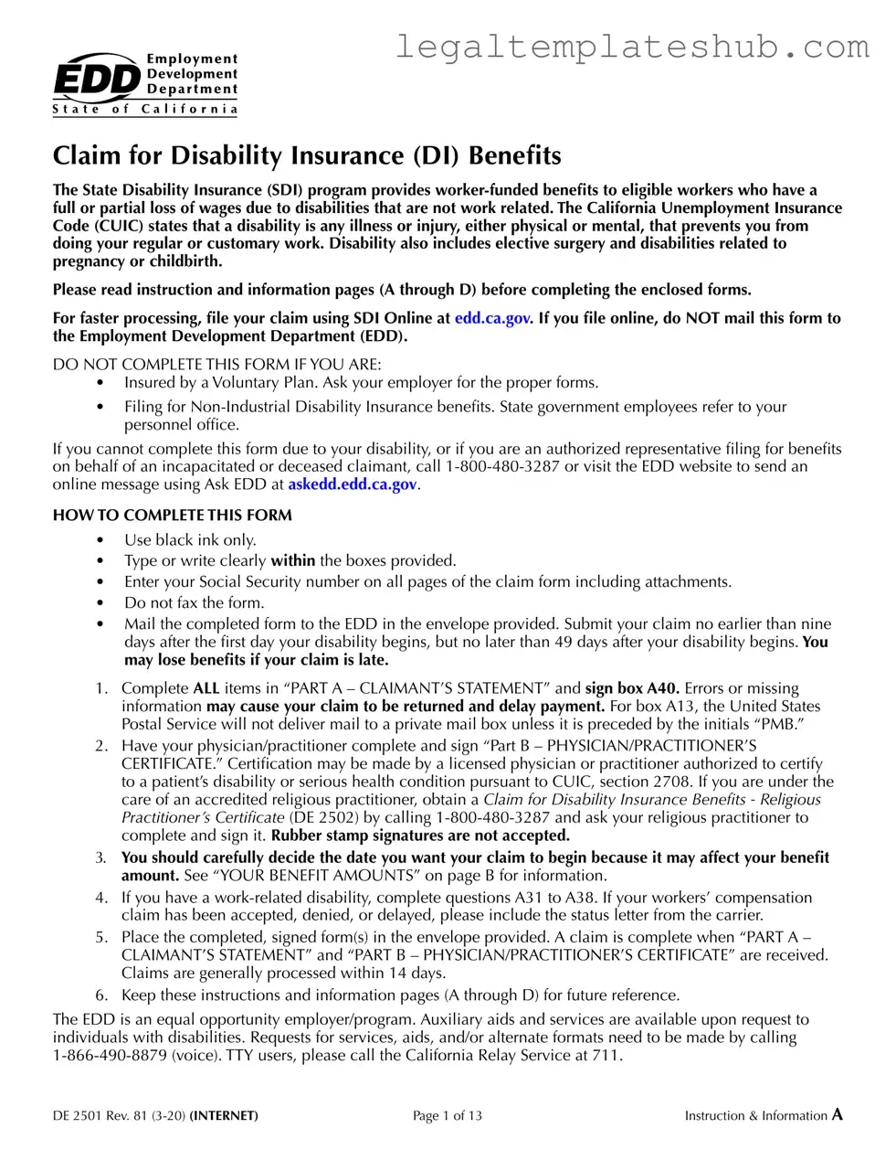 Blank EDD DE 2501 PDF Form