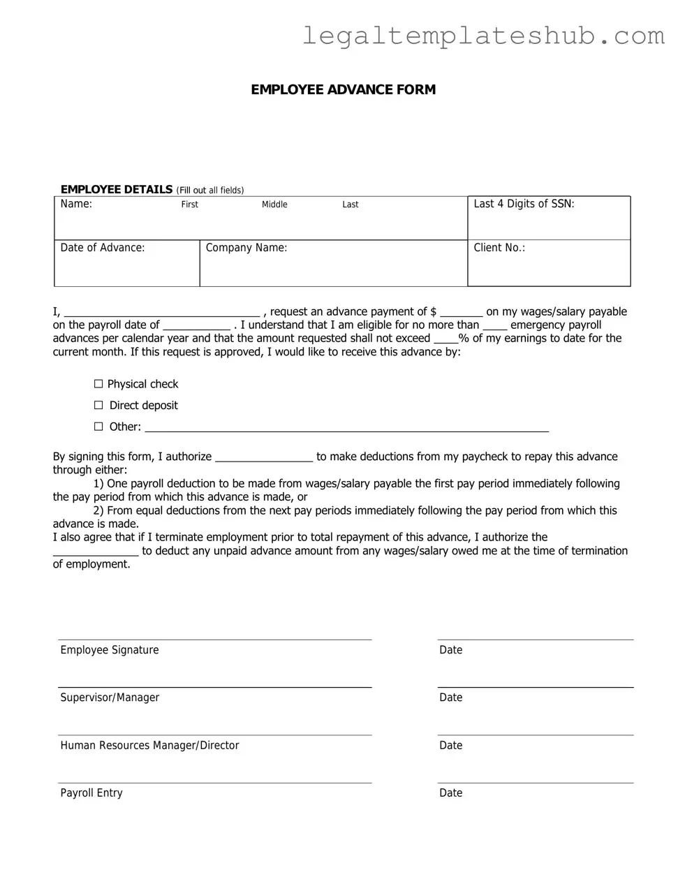 Blank Employee Advance PDF Form