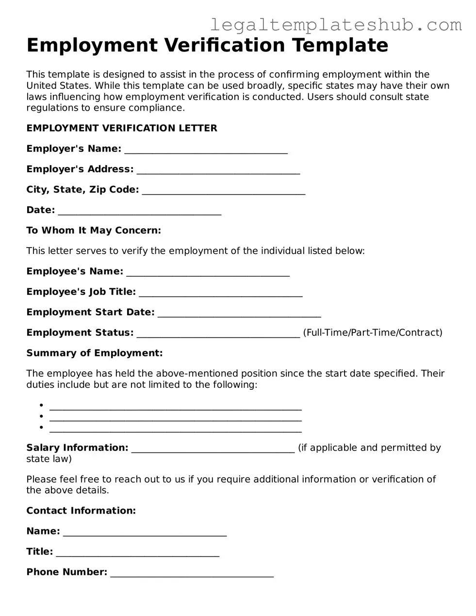 Printable Employment Verification Template
