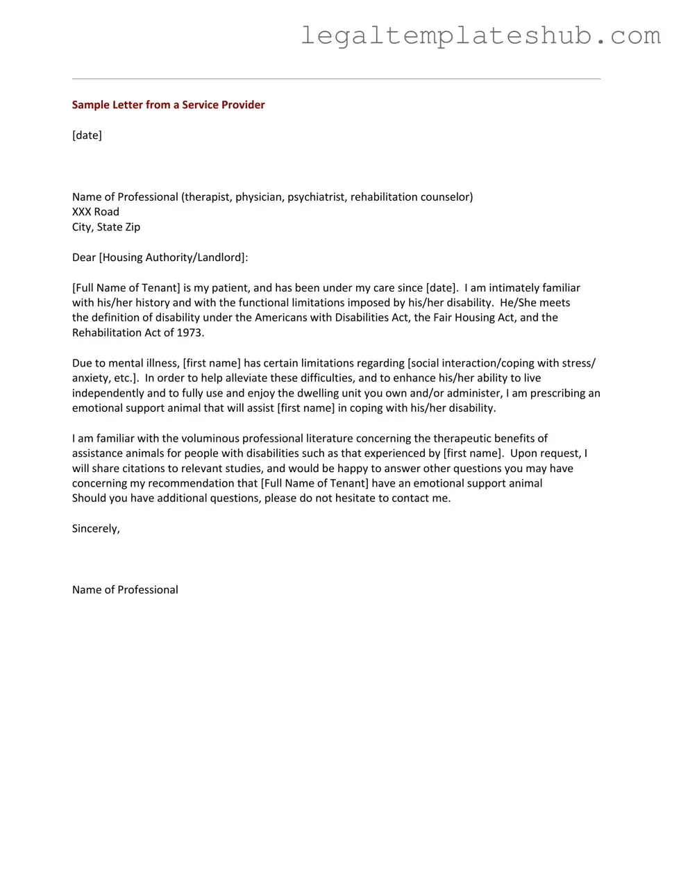 Blank Emotional Support Animal Letter PDF Form