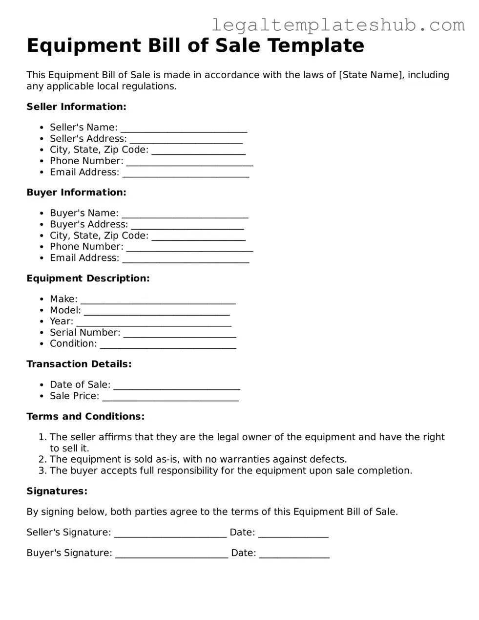 Printable Equipment Bill of Sale Template