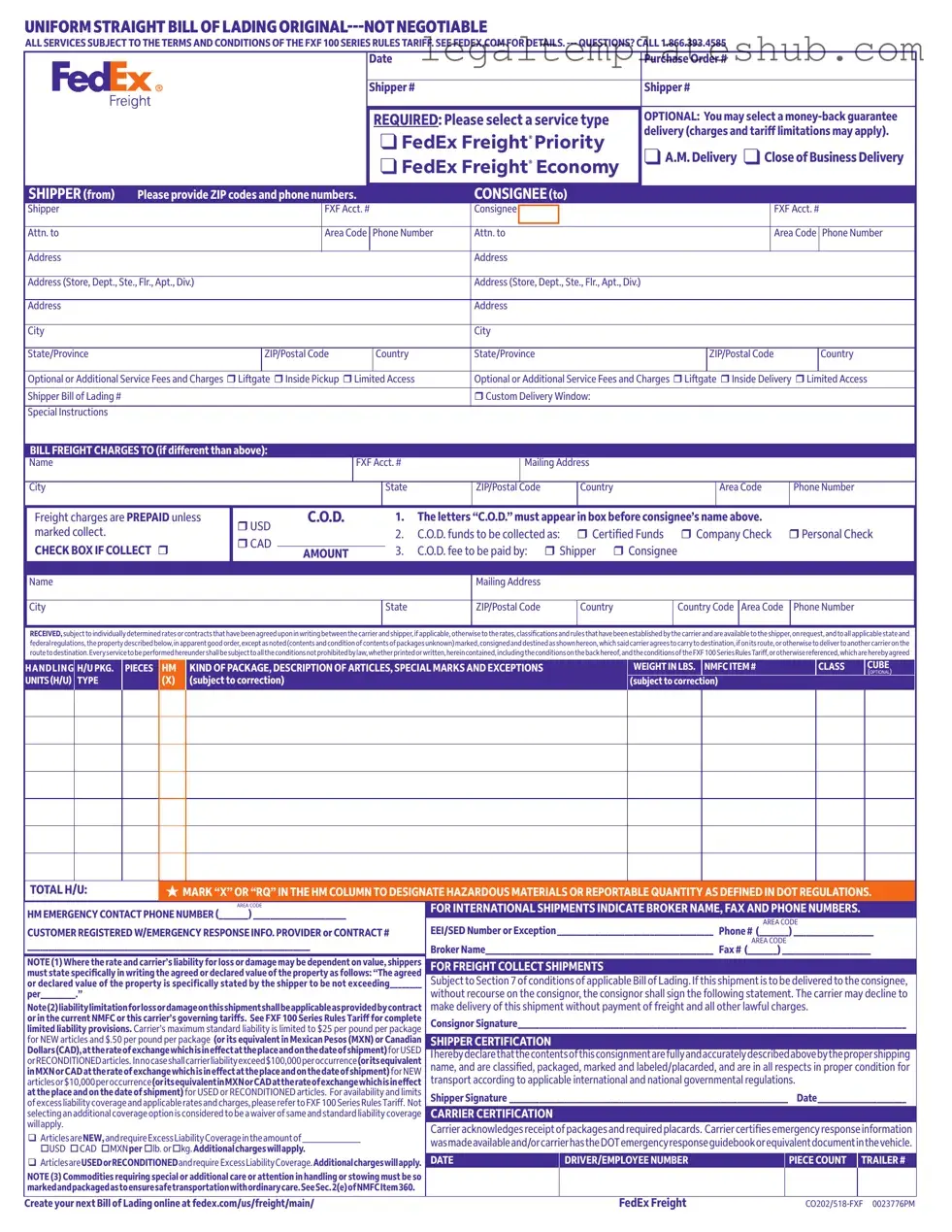 Blank Fedex Bill Of Lading PDF Form