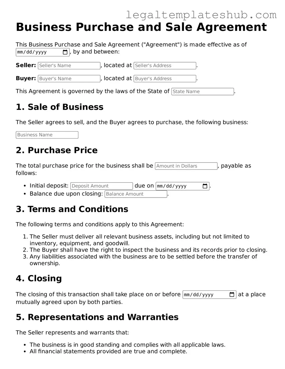 Printable Business Purchase and Sale Agreement Template
