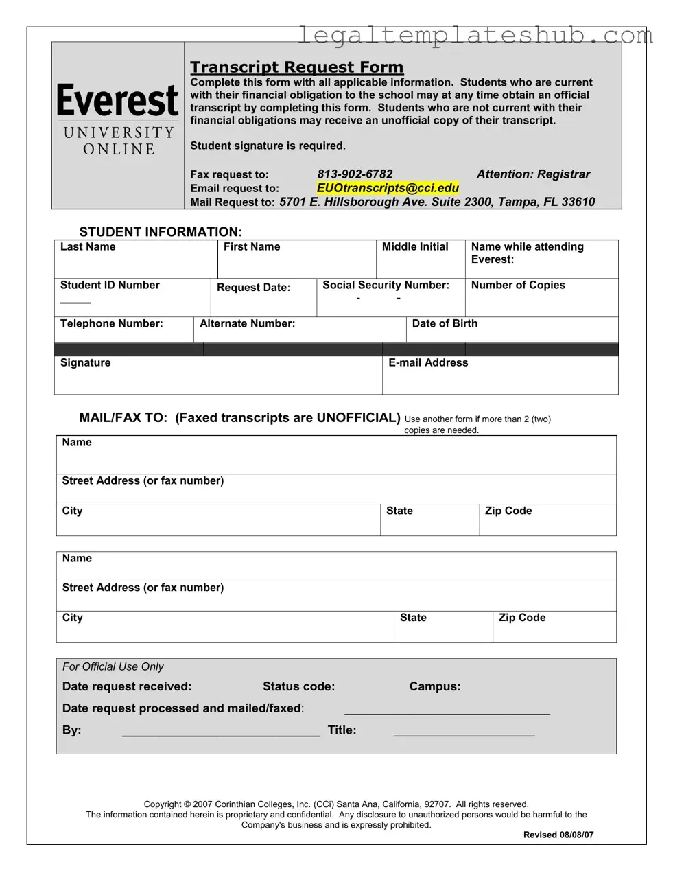 Blank Everest University Transcript PDF Form