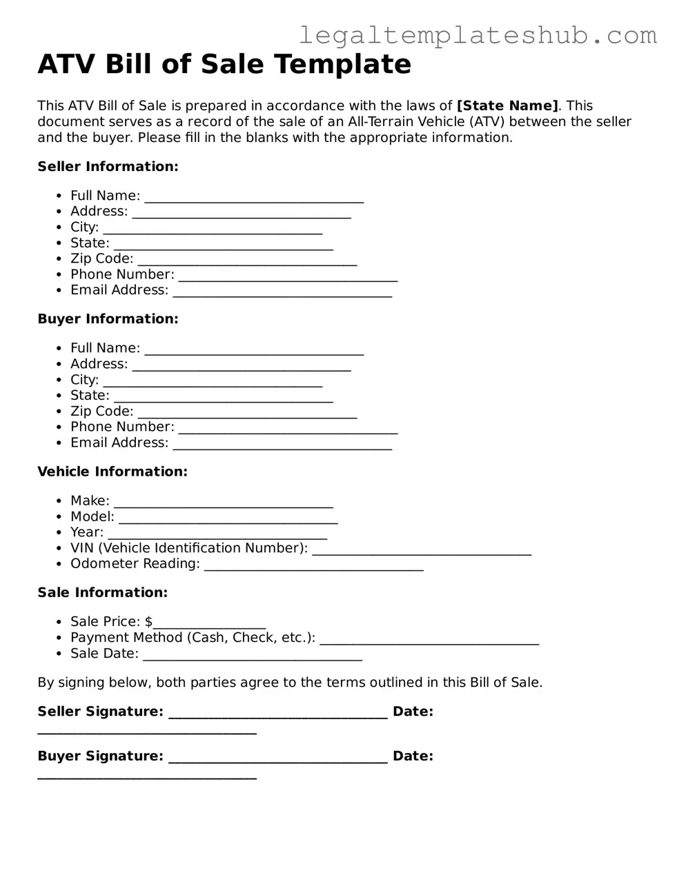 Printable ATV Bill of Sale Template