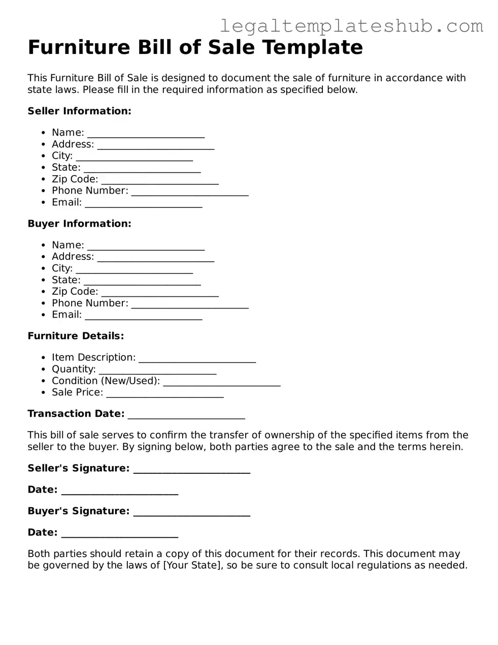 Printable Furniture Bill of Sale Template