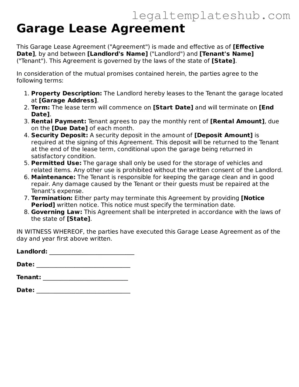 Printable Garage Lease Agreement Template
